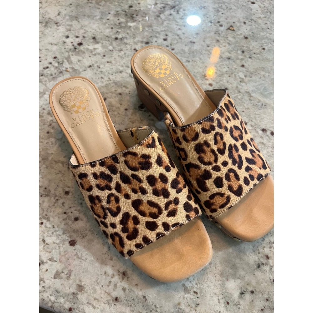 Vince Camuto Leopard Calf Hair Studded Block Heel Slide Sandals Mules Womens 8M